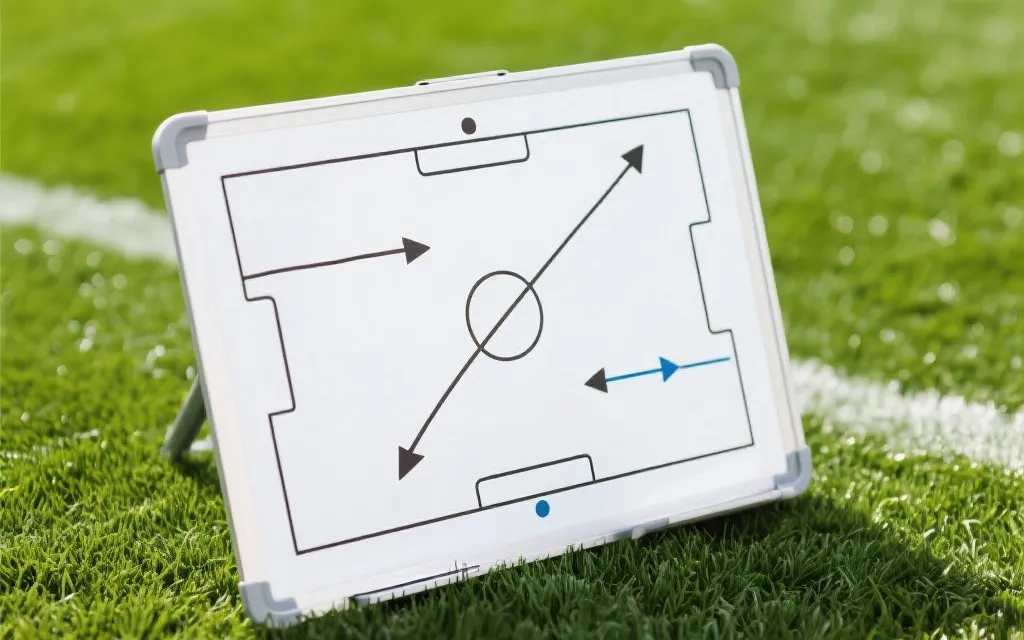 战术板与球场草坪特写，分析氛围